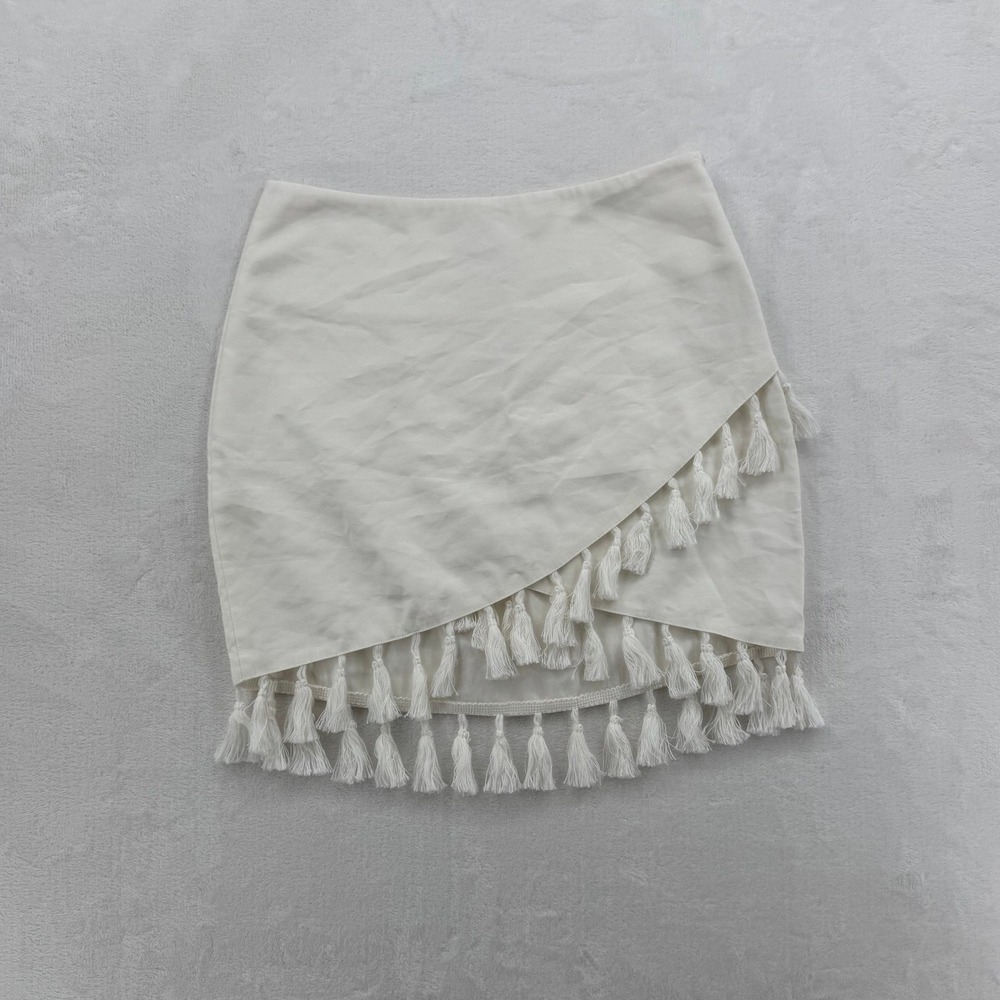 VICI Cream Tassel Fringe Wrap Mini Skirt Off White Boho Small NWT